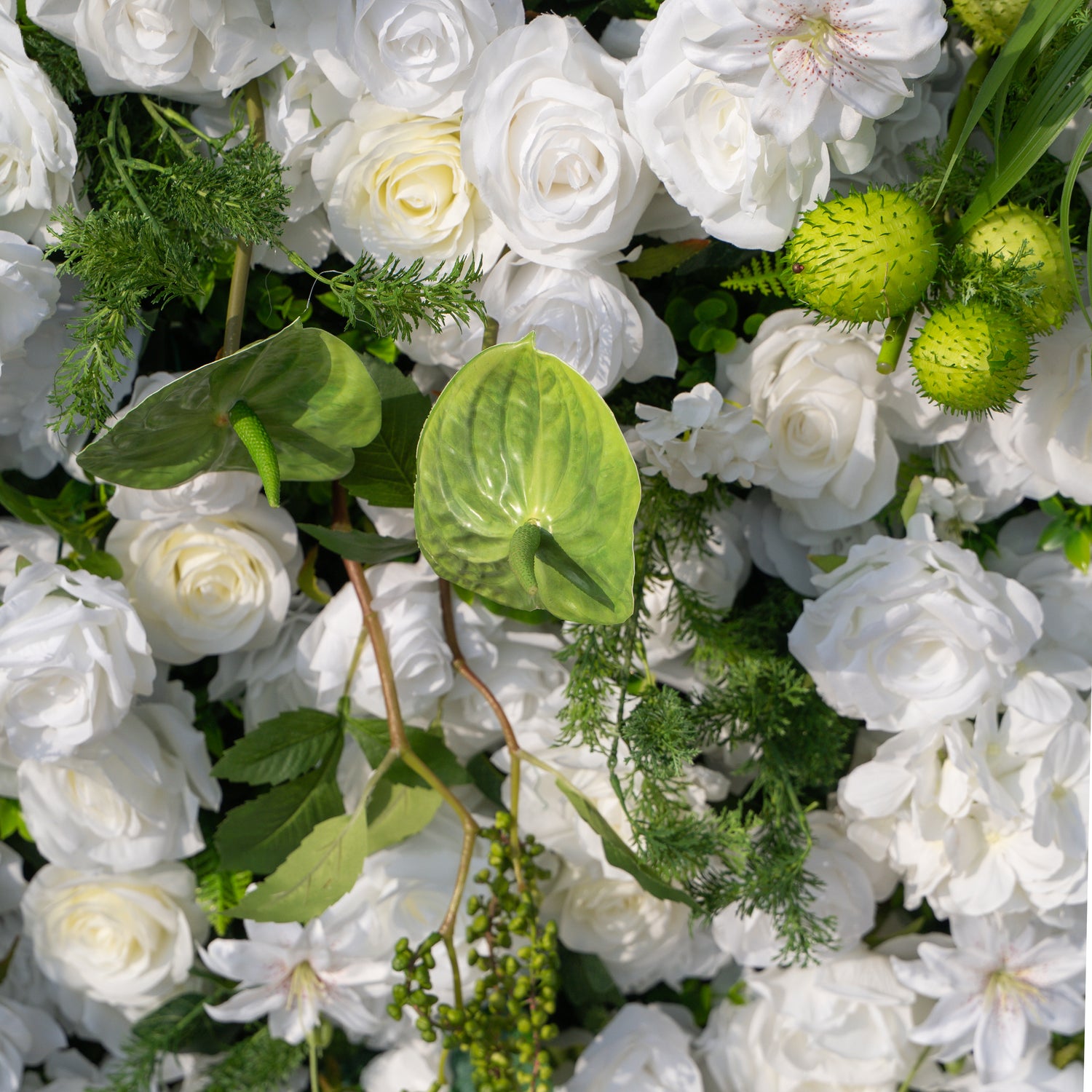 Estelle: 5D White Rose &amp; Greenery Silk Floral Wall Roll-Up Fabric Backdrop for Natural Weddings &amp; Garden Ceremonies