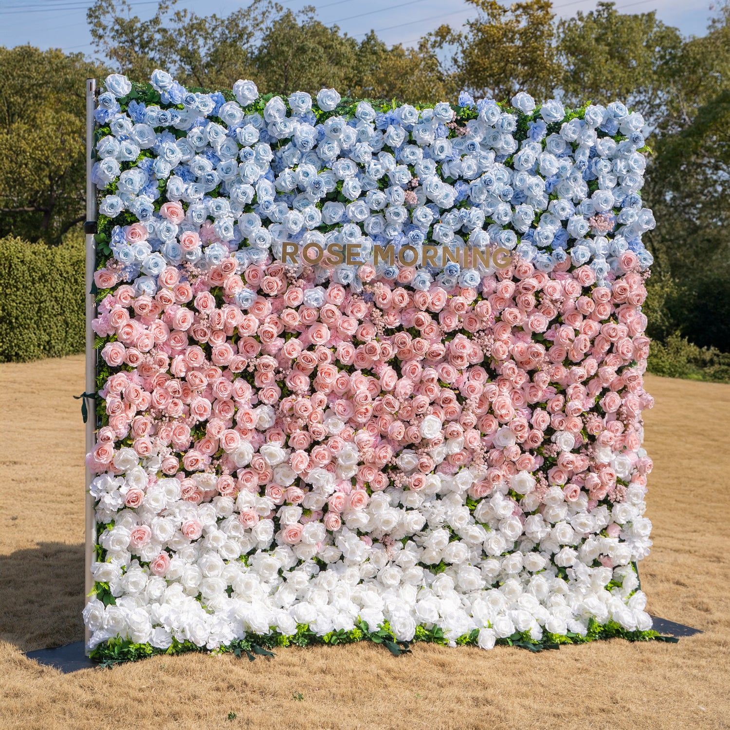 Fiora：3D Dream Pink &amp; Blue Pastel Silk Roll-up Curtain Floral Wall for Gender Reveal &amp; Birthday Events Decor