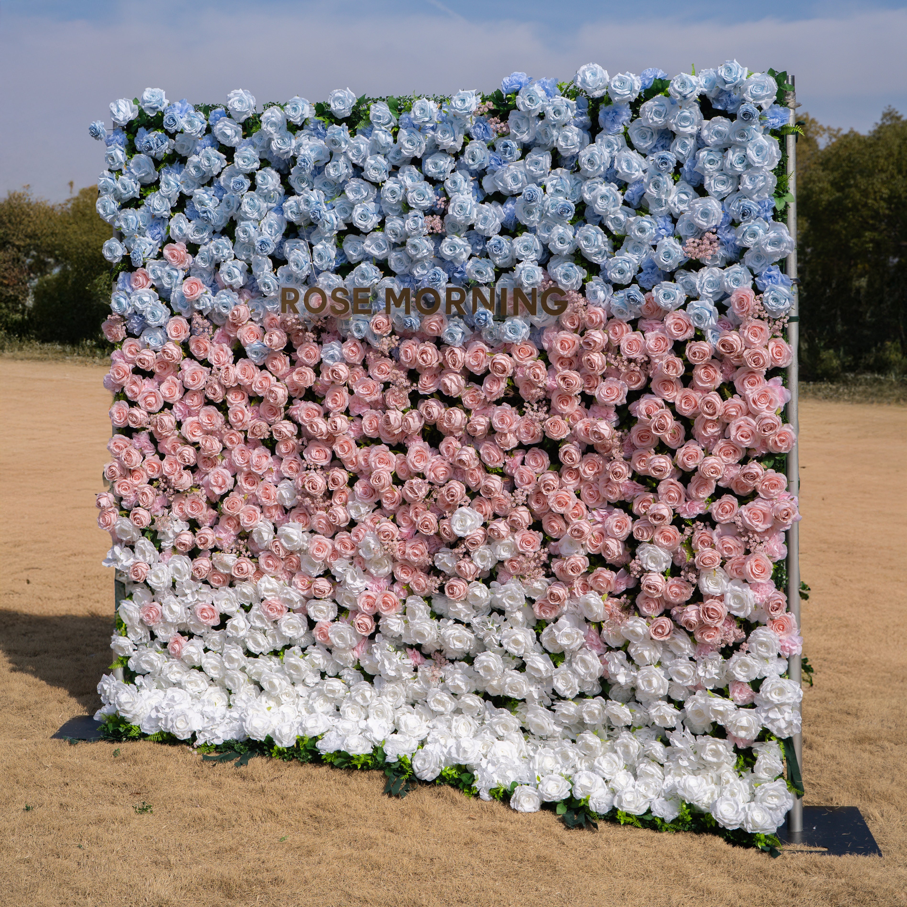 Fiora：3D Dream Pink &amp; Blue Pastel Silk Roll-up Curtain Floral Wall for Gender Reveal &amp; Birthday Events Decor