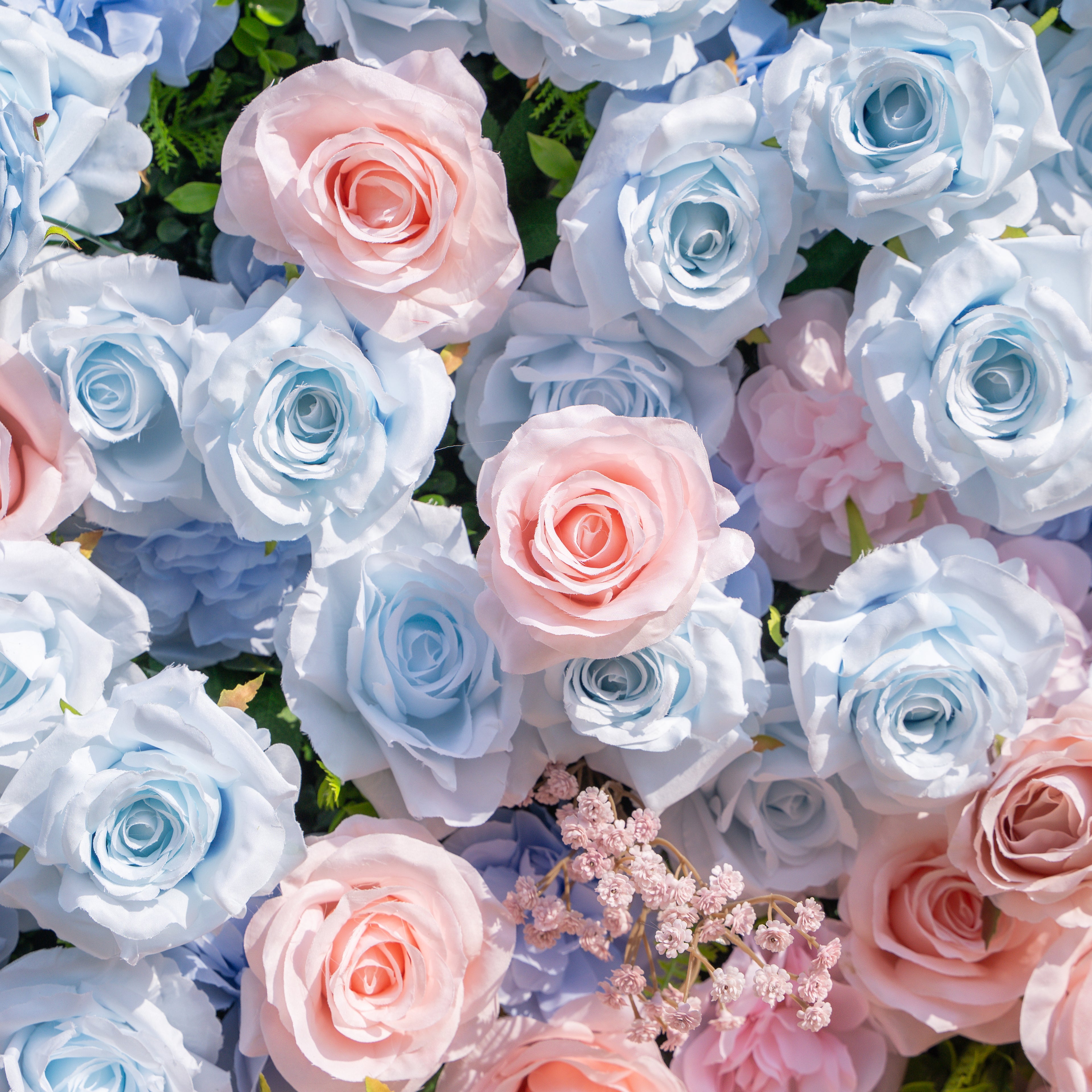 Fiora：3D Dream Pink &amp; Blue Pastel Silk Roll-up Curtain Floral Wall for Gender Reveal &amp; Birthday Events Decor