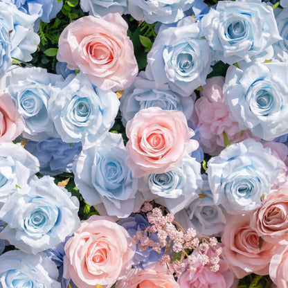 Fiora：3D Dream Pink &amp; Blue Pastel Silk Roll-up Curtain Floral Wall for Gender Reveal &amp; Birthday Events Decor