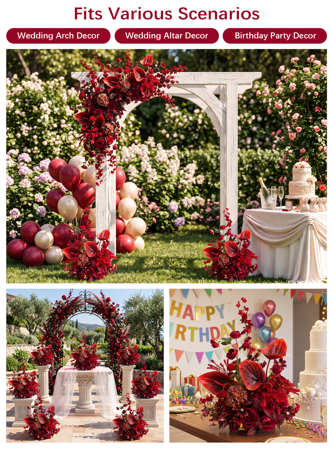 Lunelle：Berry &amp; Burgundy Artificial Rose Arrangements, Wedding Aisle &amp; Table Decor Realistic Silk Flowers with Stable Base,Reusable,Ideal for Indoor Outdoor Ceremonies,Parties &amp; Table Centerpieces