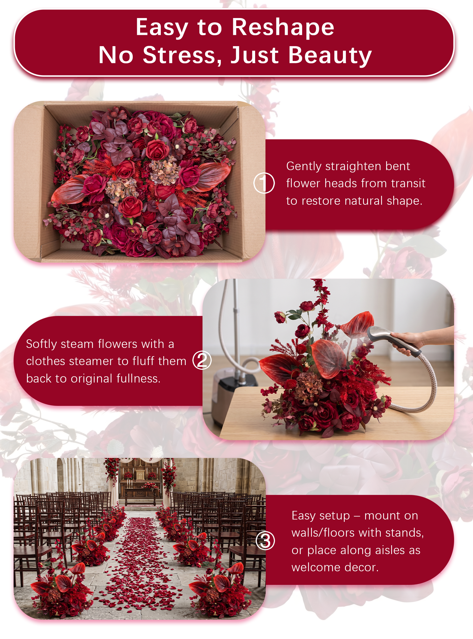 Lunelle：Berry &amp; Burgundy Artificial Rose Arrangements, Wedding Aisle &amp; Table Decor Realistic Silk Flowers with Stable Base,Reusable,Ideal for Indoor Outdoor Ceremonies,Parties &amp; Table Centerpieces