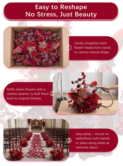 Lunelle：Berry &amp; Burgundy Artificial Rose Arrangements, Wedding Aisle &amp; Table Decor Realistic Silk Flowers with Stable Base,Reusable,Ideal for Indoor Outdoor Ceremonies,Parties &amp; Table Centerpieces