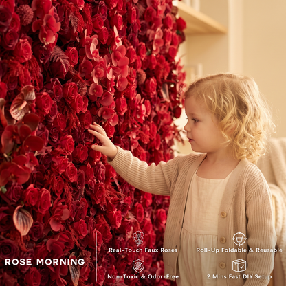 Crimson: 3D Elegant Berry &amp; Burgundy Rose Silk Flower Wall Curtain for Wedding Ceremony &amp; Events Decor (In US Stock 5-7 Days)