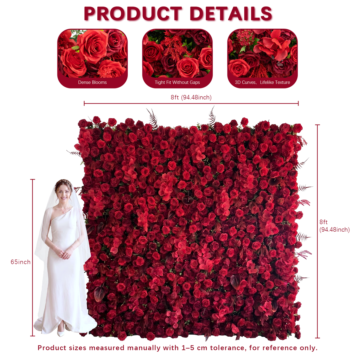 Crimson: 3D Elegant Berry &amp; Burgundy Rose Silk Flower Wall Curtain for Wedding Ceremony &amp; Events Decor (In US Stock 5-7 Days)