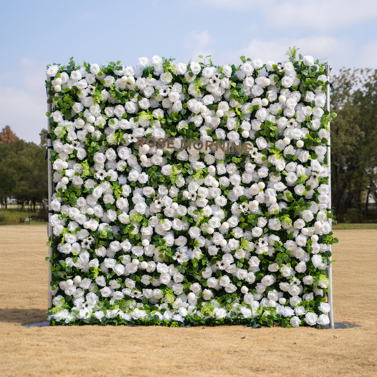 Liora: 3D White Rose & Greenery Roll-Up Curtain Artificial Floral Wall for Garden Wedding & Party Decor