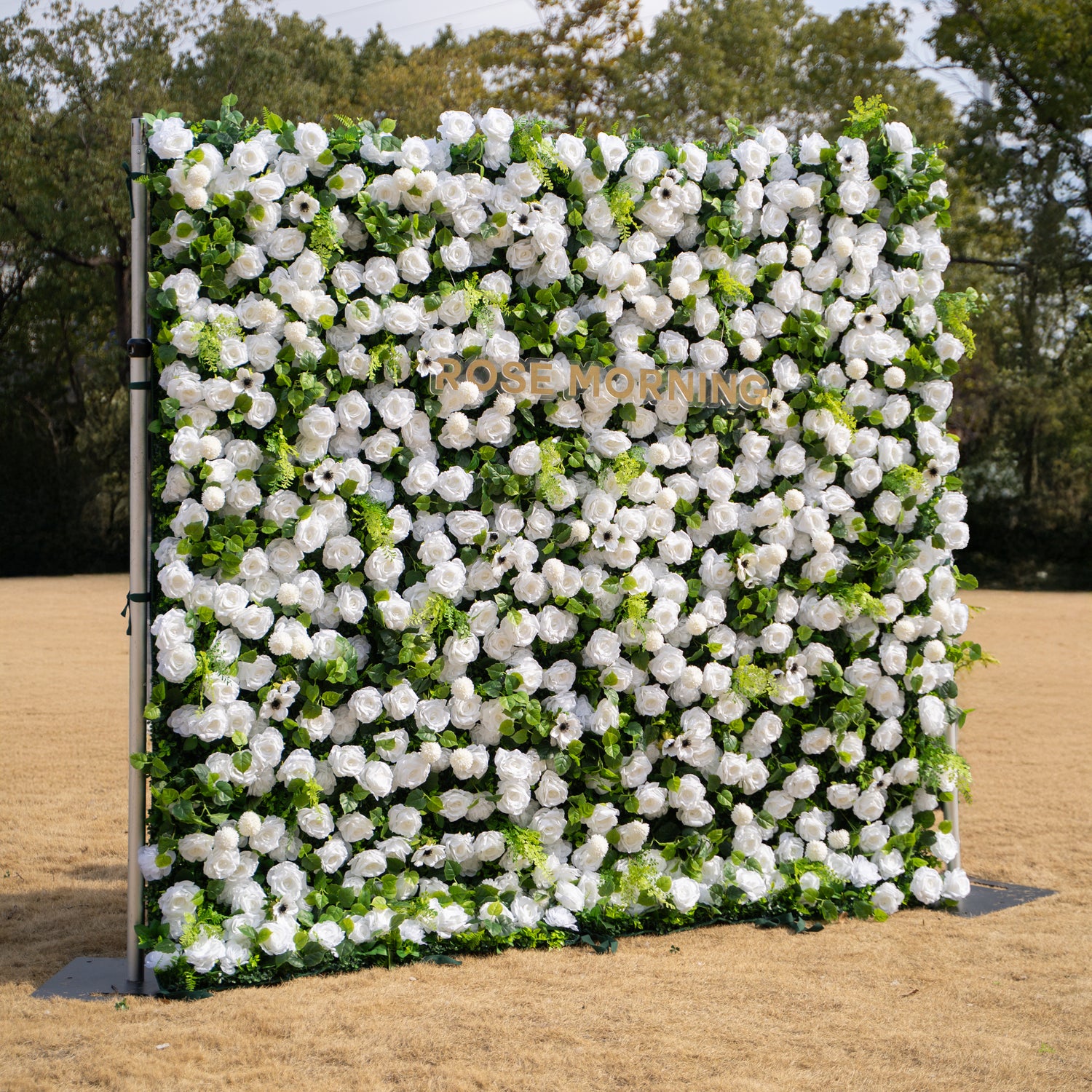 Liora: 3D White Rose &amp; Greenery Roll-Up Curtain Artificial Floral Wall for Garden Wedding &amp; Party Decor