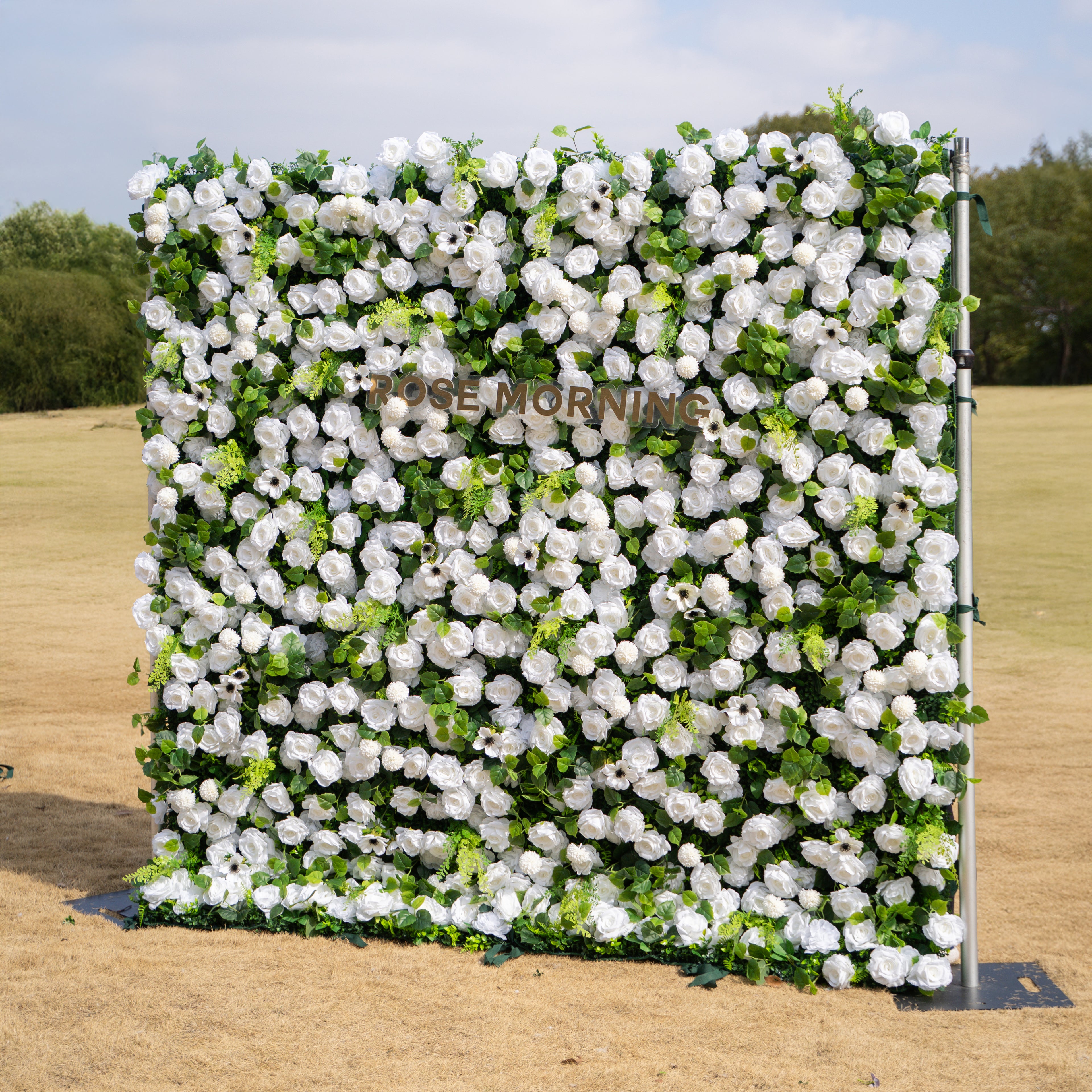 Liora: 3D White Rose &amp; Greenery Roll-Up Curtain Artificial Floral Wall for Garden Wedding &amp; Party Decor