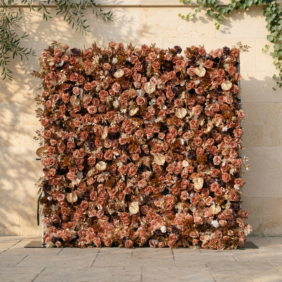Lucien: 5D Vintage Brown Silk Rose Flower Wall Roll-Up Fabric Backdrop with Gold Accents for Autumn Weddings &amp; Events