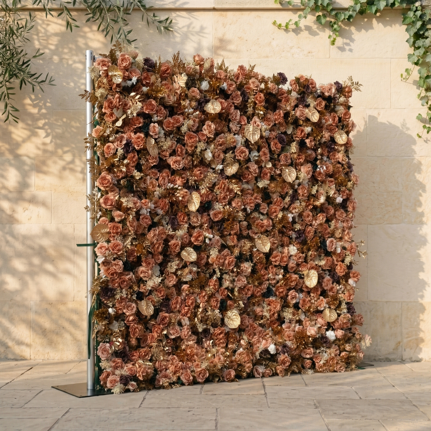 Lucien: 5D Vintage Brown Silk Rose Flower Wall Roll-Up Fabric Backdrop with Gold Accents for Autumn Weddings &amp; Events