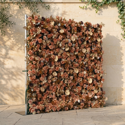 Lucien: 5D Vintage Brown Silk Rose Flower Wall Roll-Up Fabric Backdrop with Gold Accents for Autumn Weddings &amp; Events