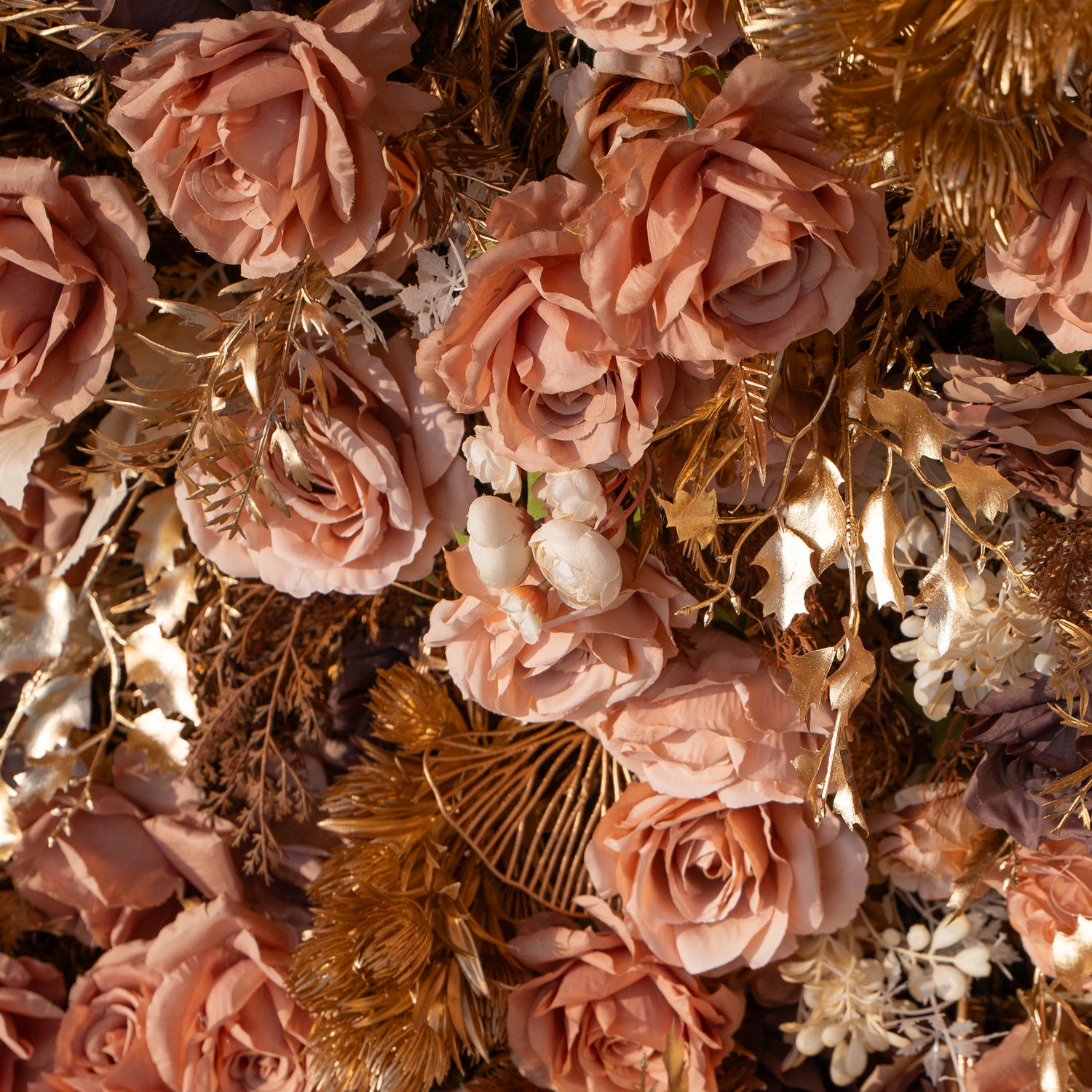 Lucien: 5D Vintage Brown Silk Rose Flower Wall Roll-Up Fabric Backdrop with Gold Accents for Autumn Weddings &amp; Events