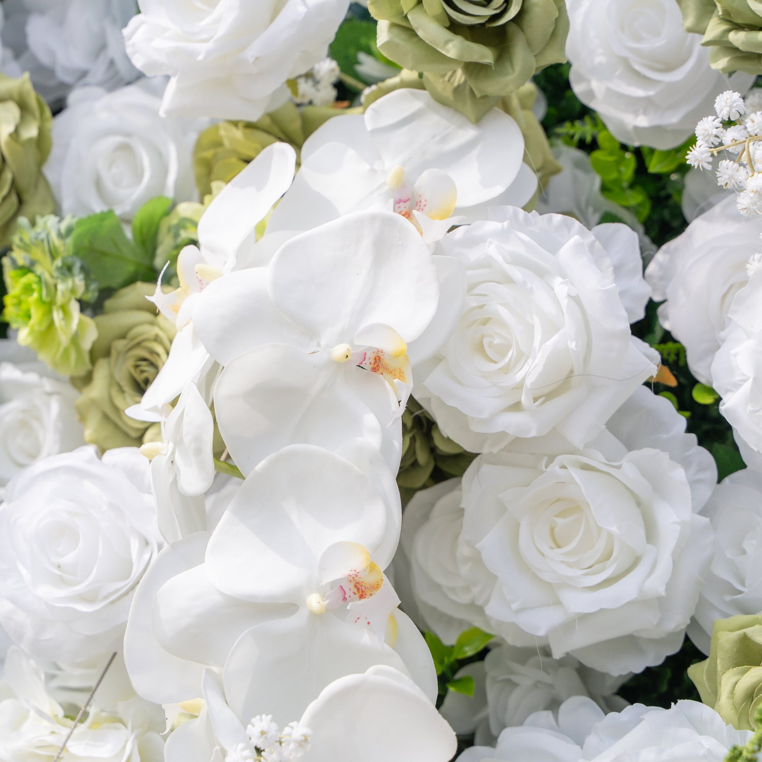 Lumi: 5D Sage Green &amp; Cream Silk Floral Wall with Hanging Vines for Grand Forest Weddings &amp; Garden Parties