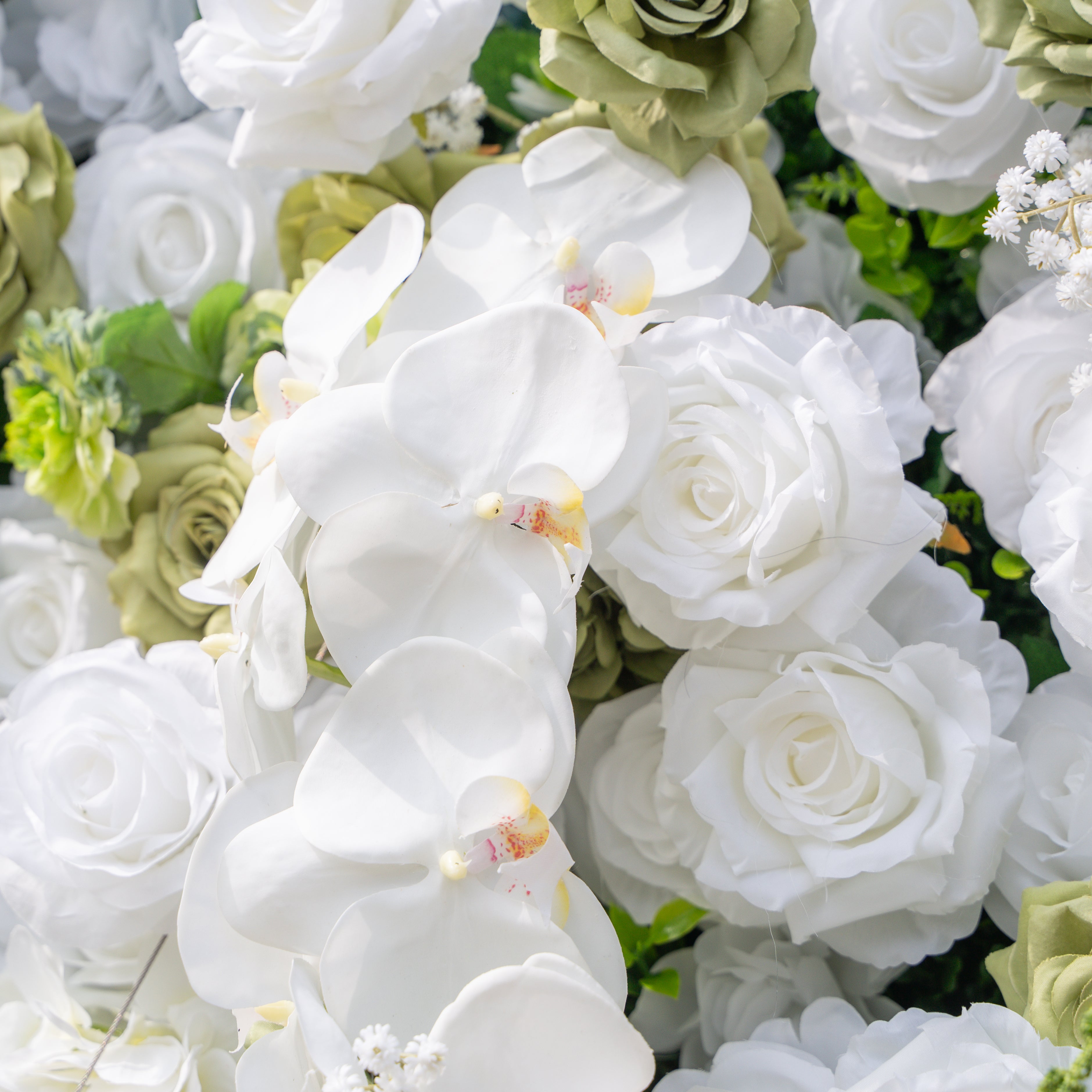 Lumi: 5D Sage Green &amp; Cream Silk Floral Wall with Hanging Vines for Grand Forest Weddings &amp; Garden Parties