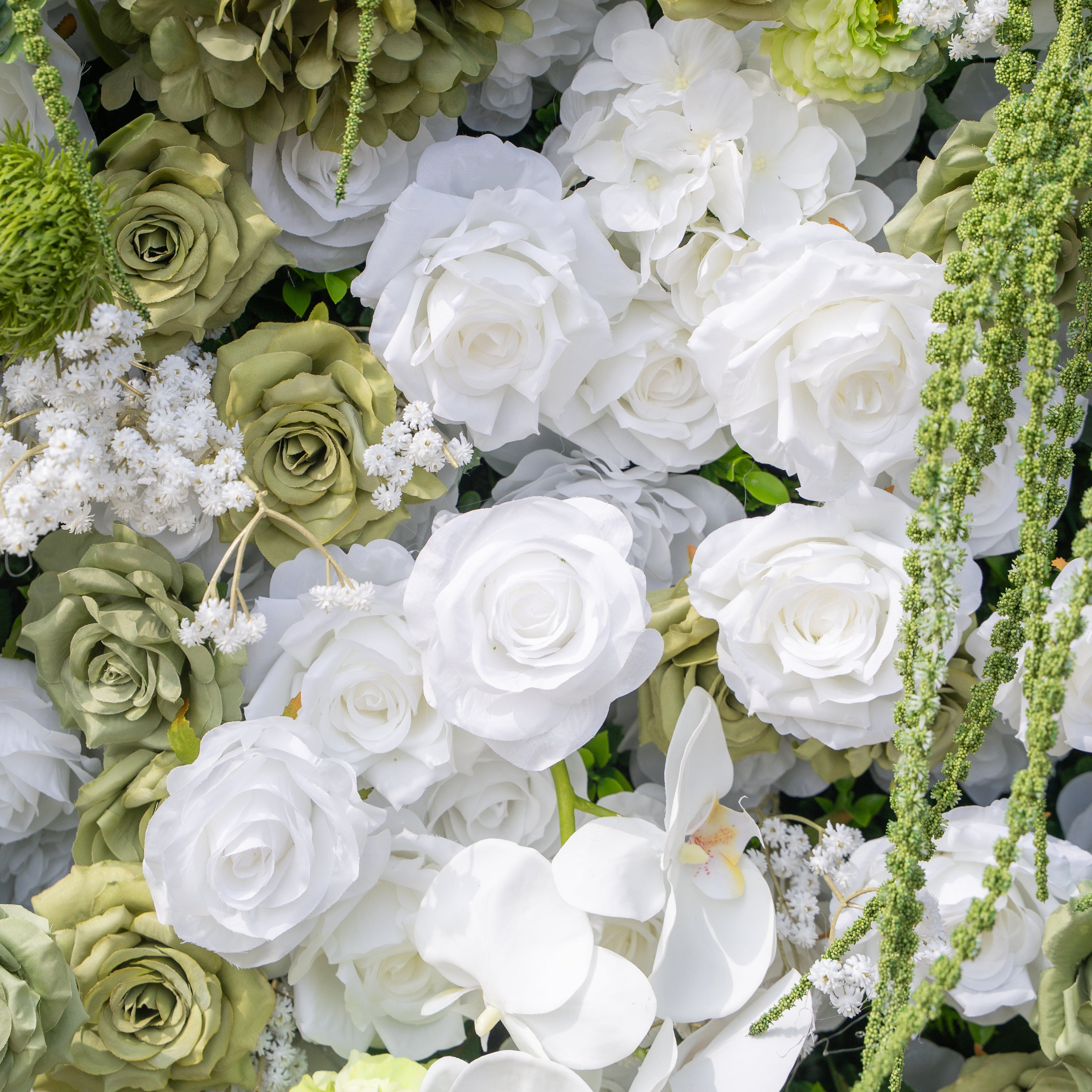 Lumi: 5D Sage Green &amp; Cream Silk Floral Wall with Hanging Vines for Grand Forest Weddings &amp; Garden Parties