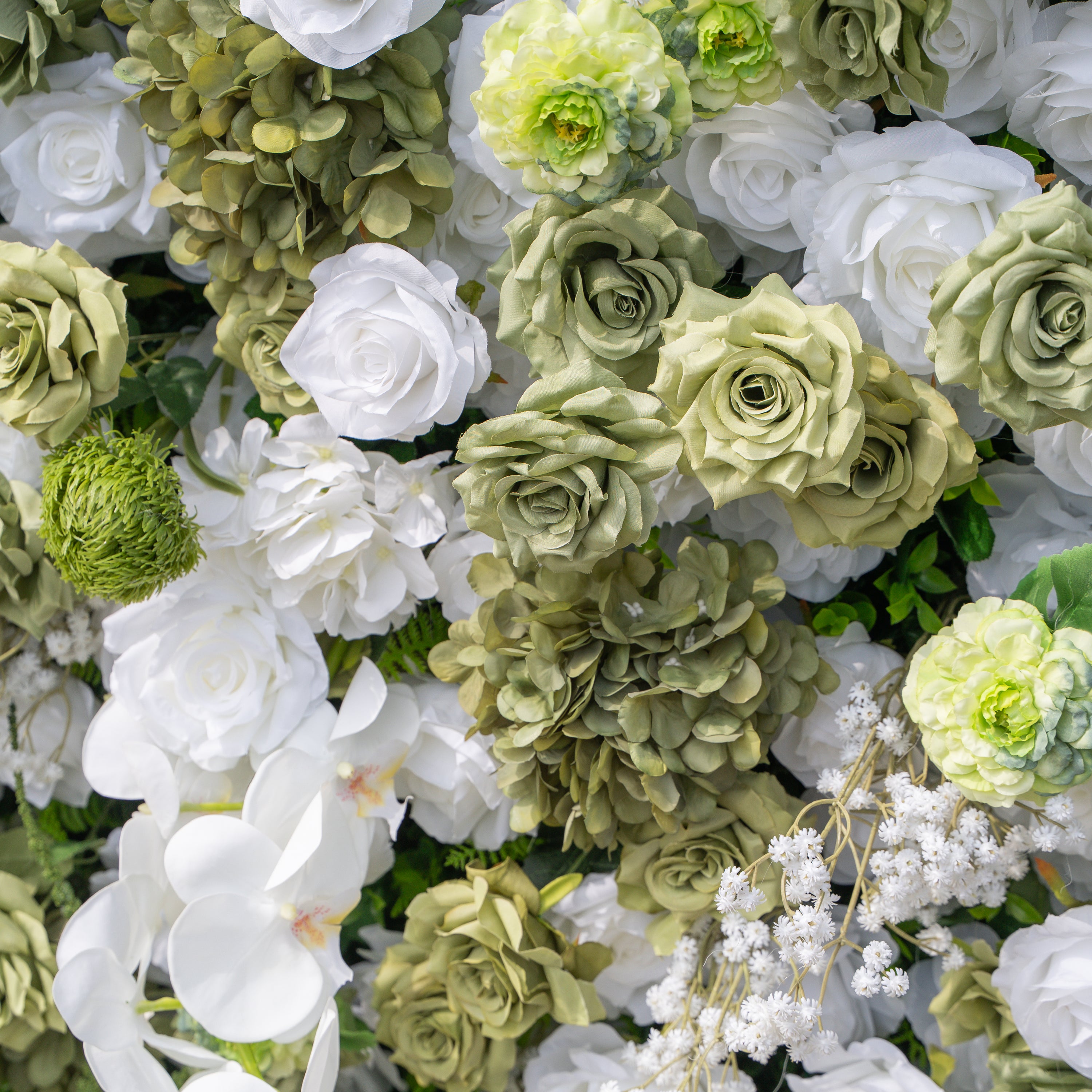 Lumi: 5D Sage Green &amp; Cream Silk Floral Wall with Hanging Vines for Grand Forest Weddings &amp; Garden Parties