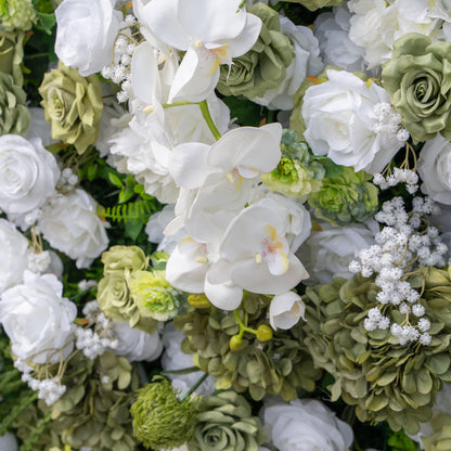 Lumi: 5D Sage Green &amp; Cream Silk Floral Wall with Hanging Vines for Grand Forest Weddings &amp; Garden Parties