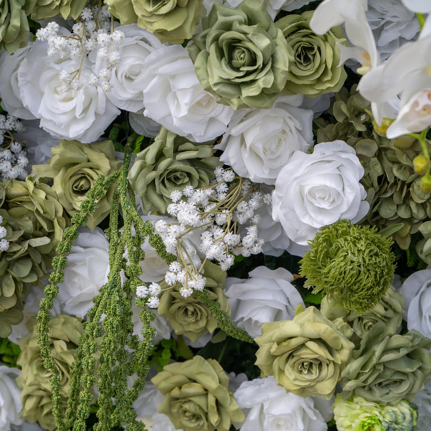 Lumi: 5D Sage Green &amp; Cream Silk Floral Wall with Hanging Vines for Grand Forest Weddings &amp; Garden Parties