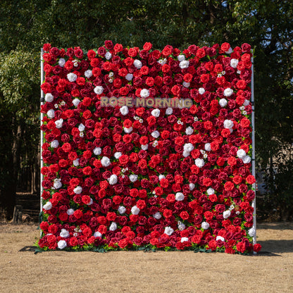 Meraki: 3D  Luxury Crimson Red &amp; White Silk Floral Wall Roll-Up Fabric Backdrop for Grand Weddings &amp; Valentine’s Events