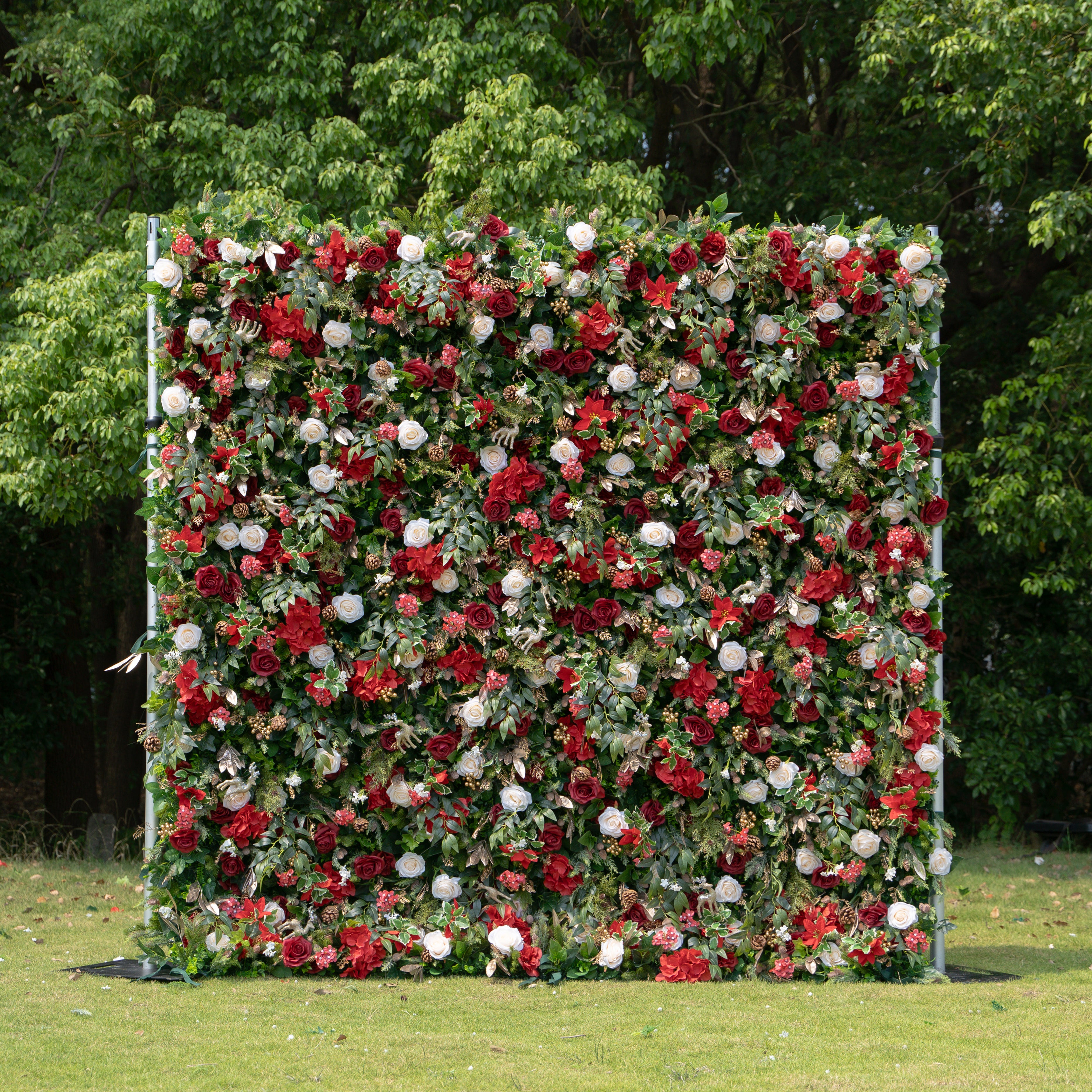 MC-D: Christmas Fabric Backdrop Artificial rolling up flower wall 8*8ft+Xmas Loose Flowers+ 1 Flower Wall Stand Rose Morning