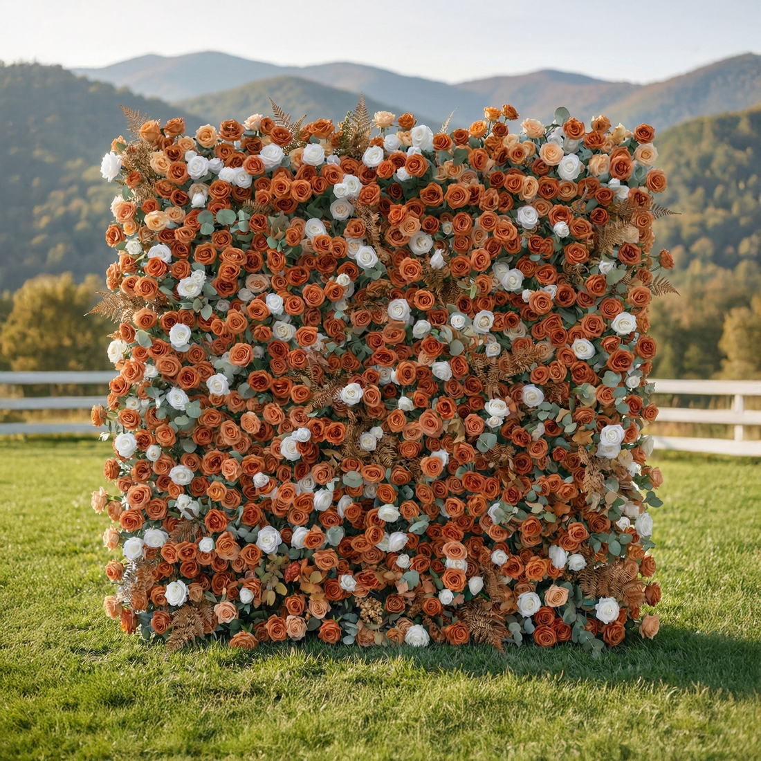 Morgan: Luxury 5D Terracotta &amp; Cream Silk Rose Flower Wall Roll-Up Fabric Backdrop for Luxury Weddings &amp; Garden Parties