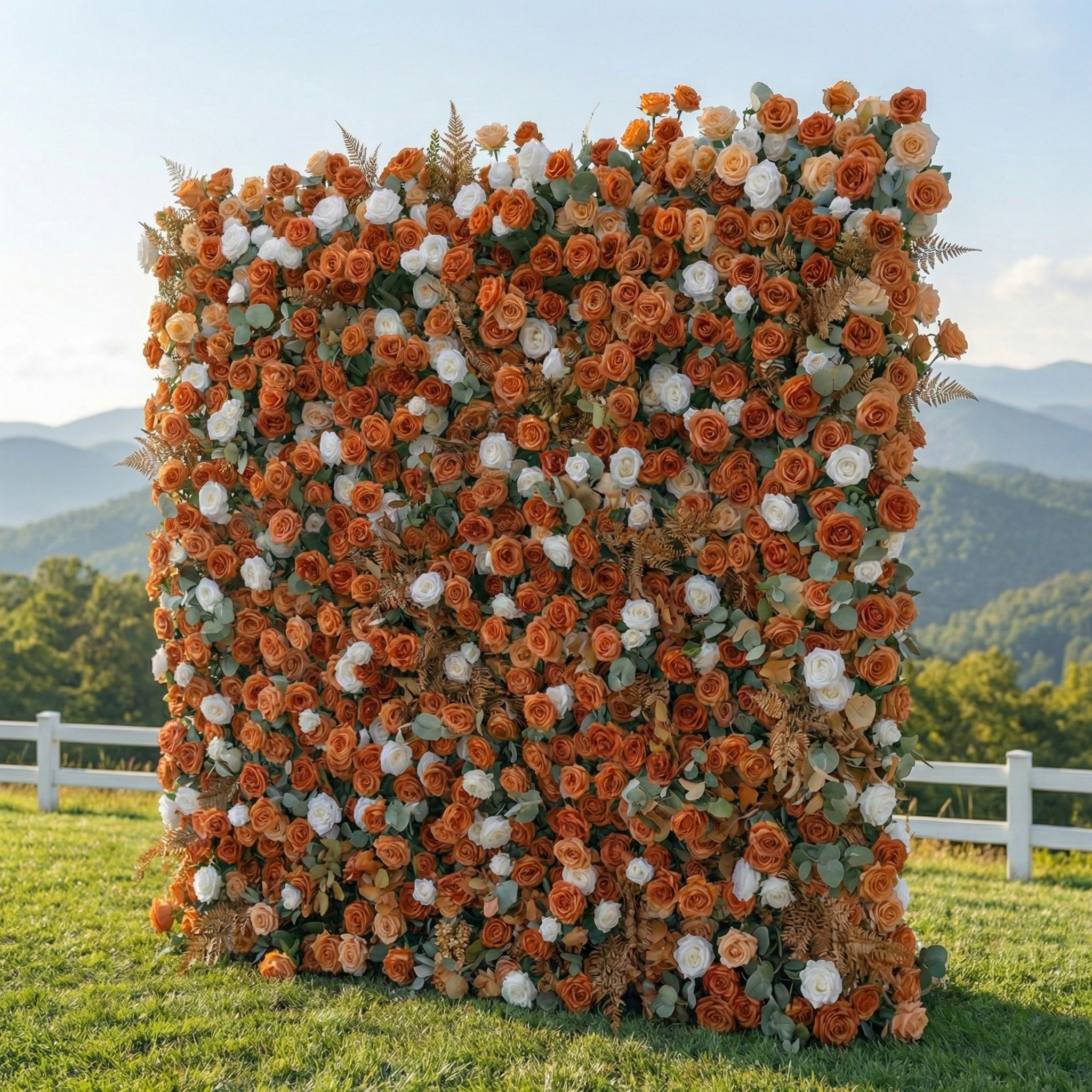 Morgan: Luxury 5D Terracotta &amp; Cream Silk Rose Flower Wall Roll-Up Fabric Backdrop for Luxury Weddings &amp; Garden Parties