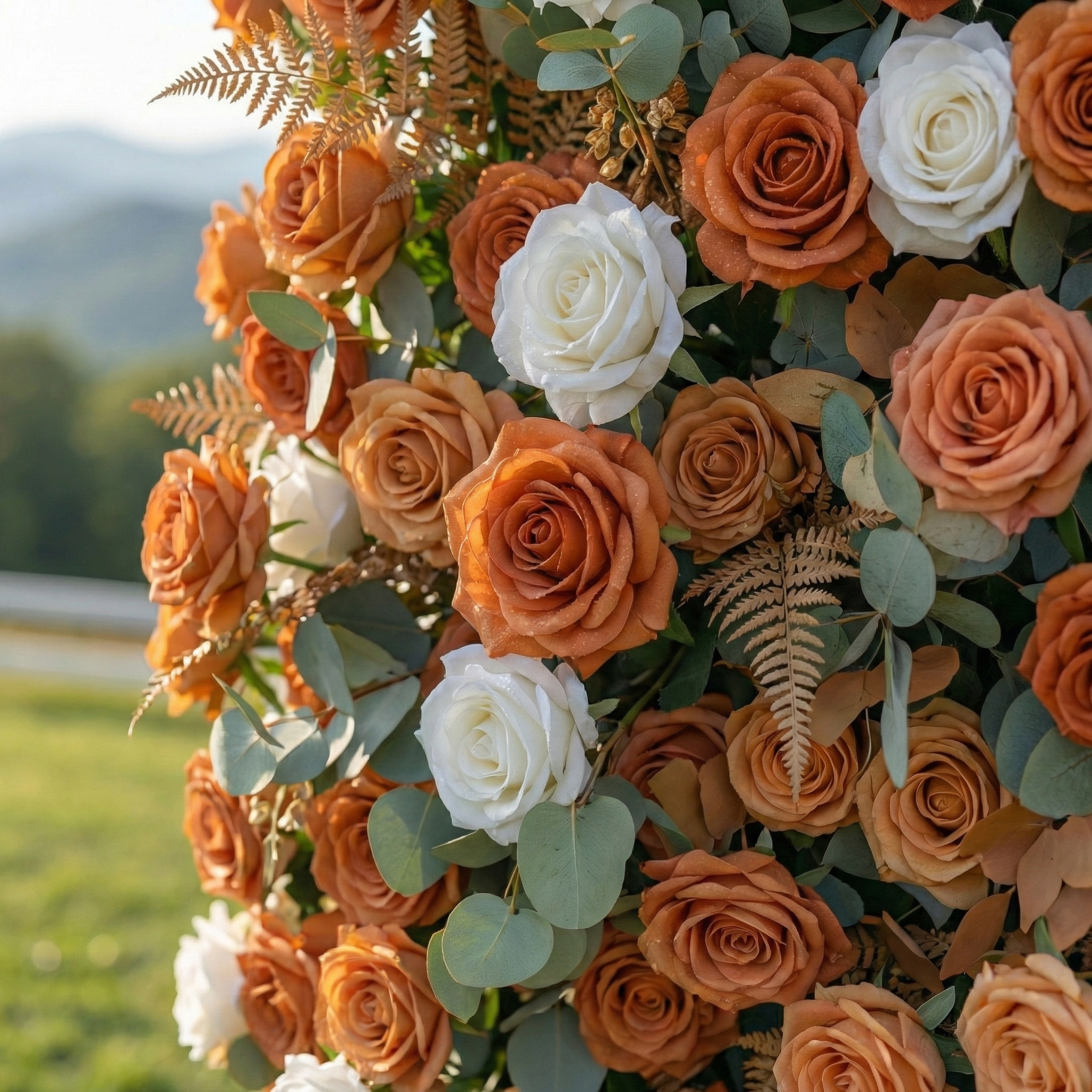 Morgan: Luxury 5D Terracotta &amp; Cream Silk Rose Flower Wall Roll-Up Fabric Backdrop for Luxury Weddings &amp; Garden Parties