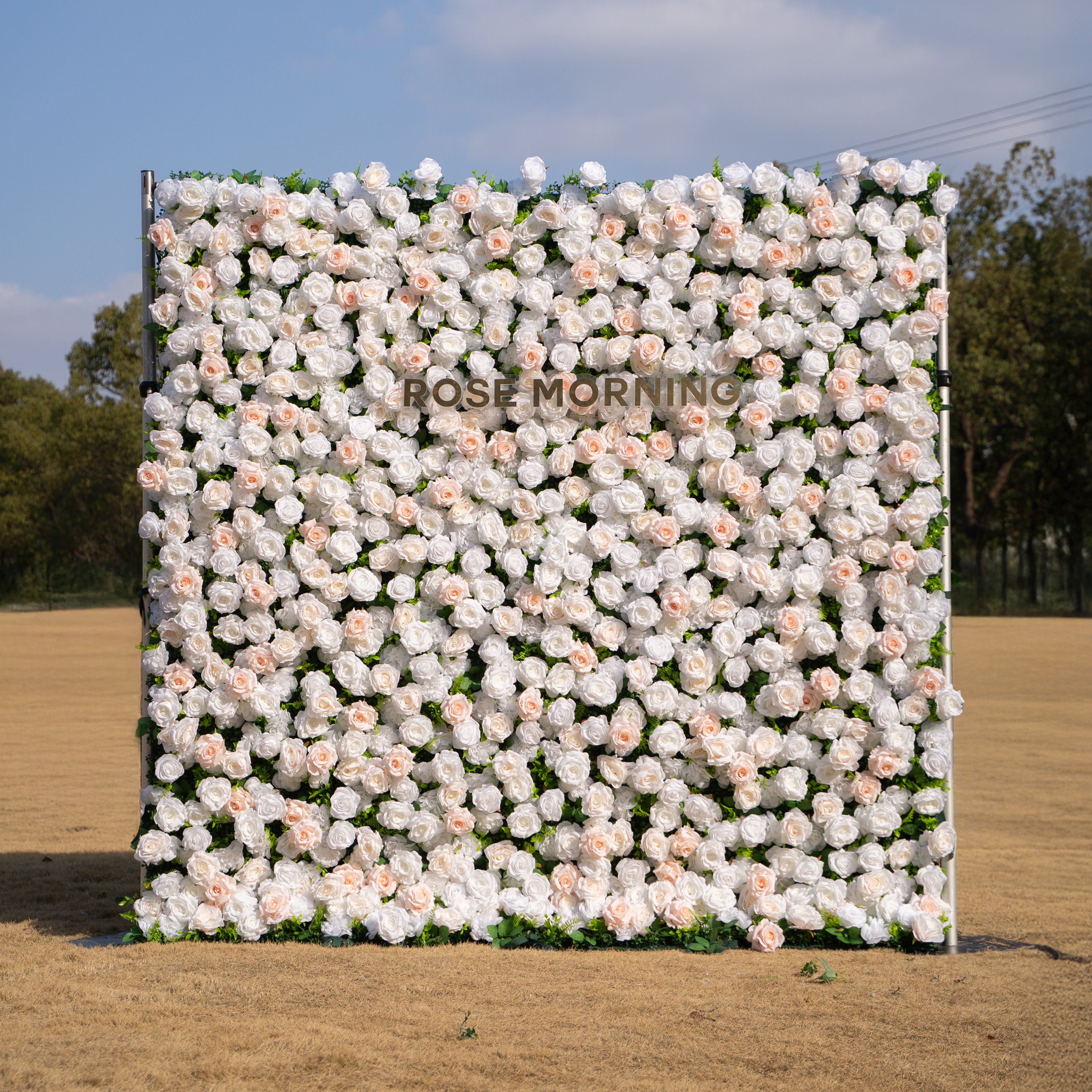 Nerina: 3D Elegant Ivory &amp; Nude Silk Rose Flower Wall Roll Up Fabric Floral Curtain for Wedding Events Decor