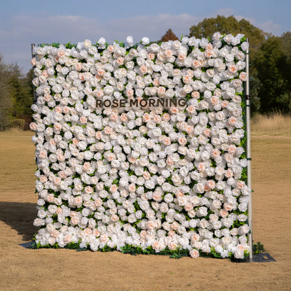 Nerina: 3D Elegant Ivory &amp; Nude Silk Rose Flower Wall Roll Up Fabric Floral Curtain for Wedding Events Decor