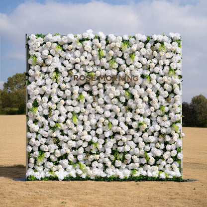 Oriana: 3D White Rose Flower Wall Backdrop Roll Up Fabric Curtain for Wedding Decor