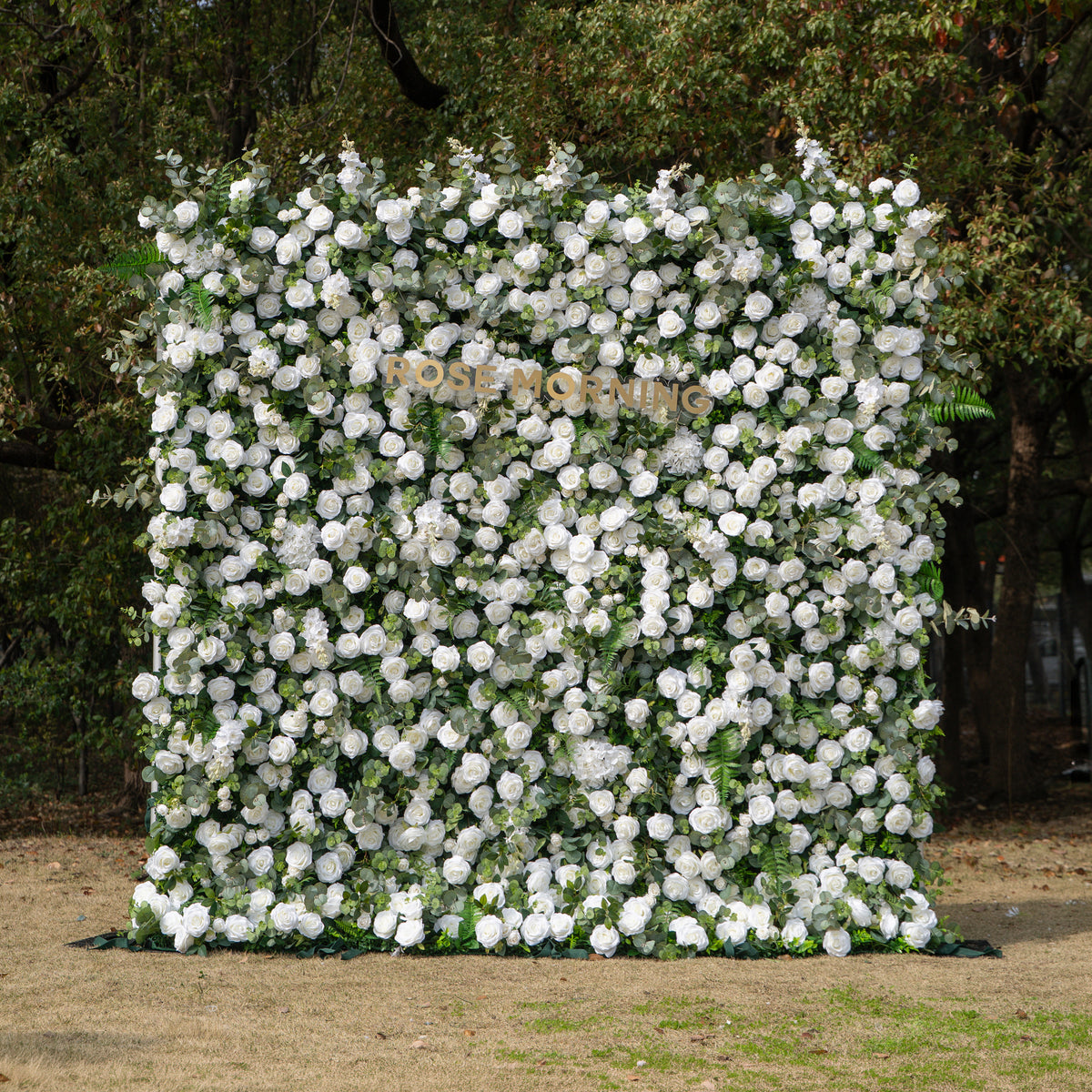Orin: 5D Elegant White Silk Rose & Greenery Wall Roll-Up Fabric Backdrop for Grand Garden Weddings & Receptions