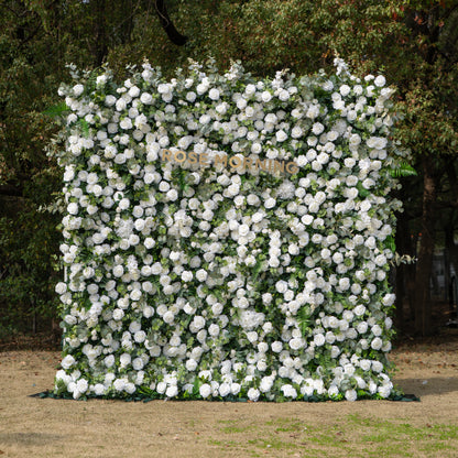 Orin: 5D Elegant White Silk Rose &amp; Greenery Wall Roll-Up Fabric Backdrop for Grand Garden Weddings &amp; Receptions