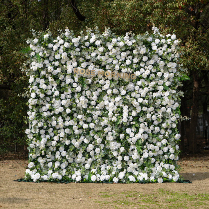 Orin: 5D Elegant White Silk Rose & Greenery Wall Roll-Up Fabric Backdrop for Grand Garden Weddings & Receptions