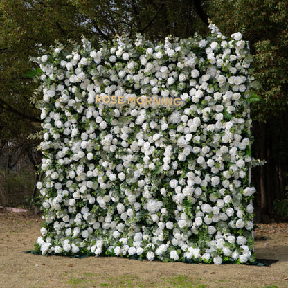 Orin: 5D Elegant White Silk Rose &amp; Greenery Wall Roll-Up Fabric Backdrop for Grand Garden Weddings &amp; Receptions