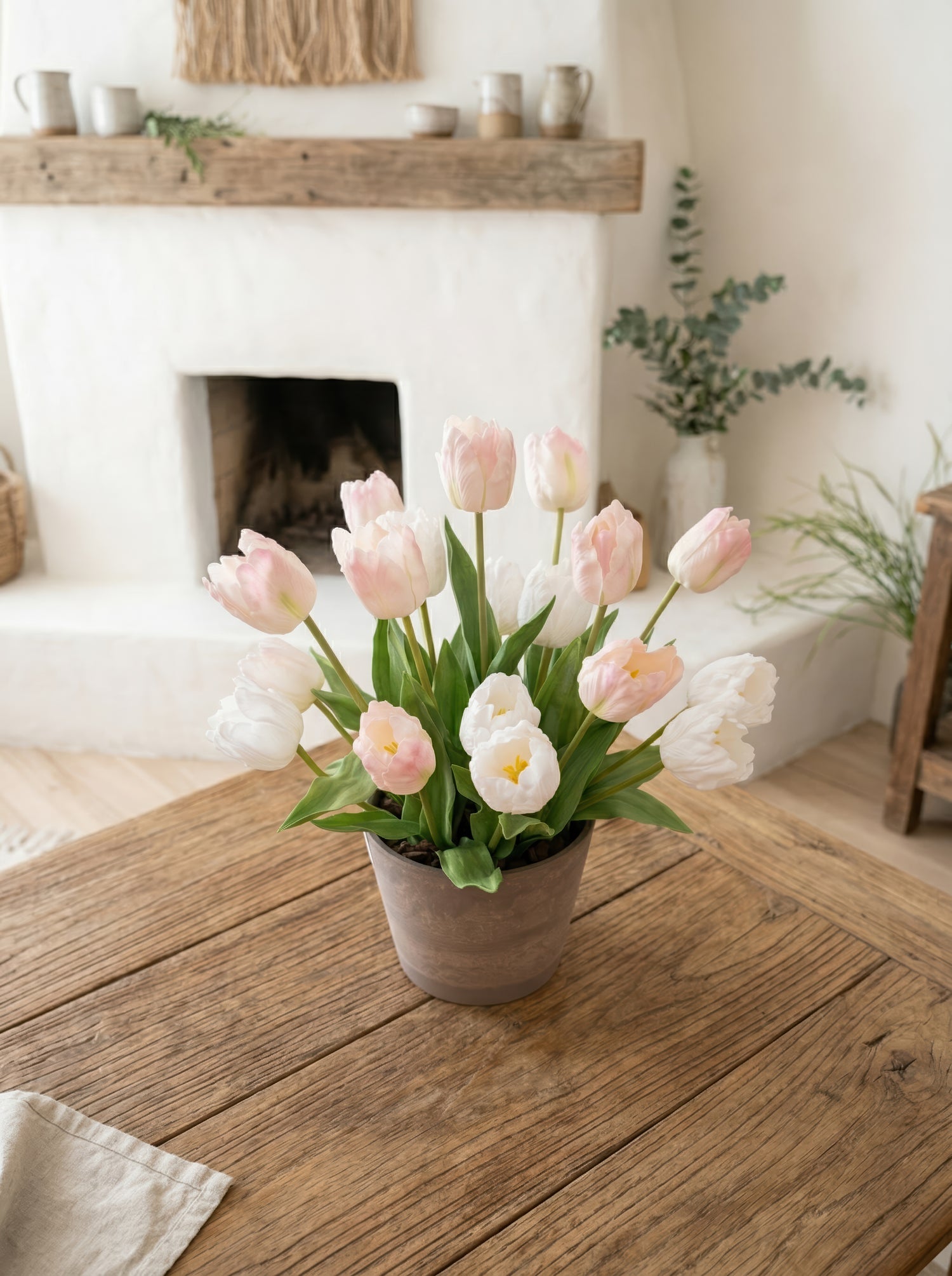 21.6" Artificial Blush Mixed Tulips - Potted Floral for Modern Home &amp; Garden Decor