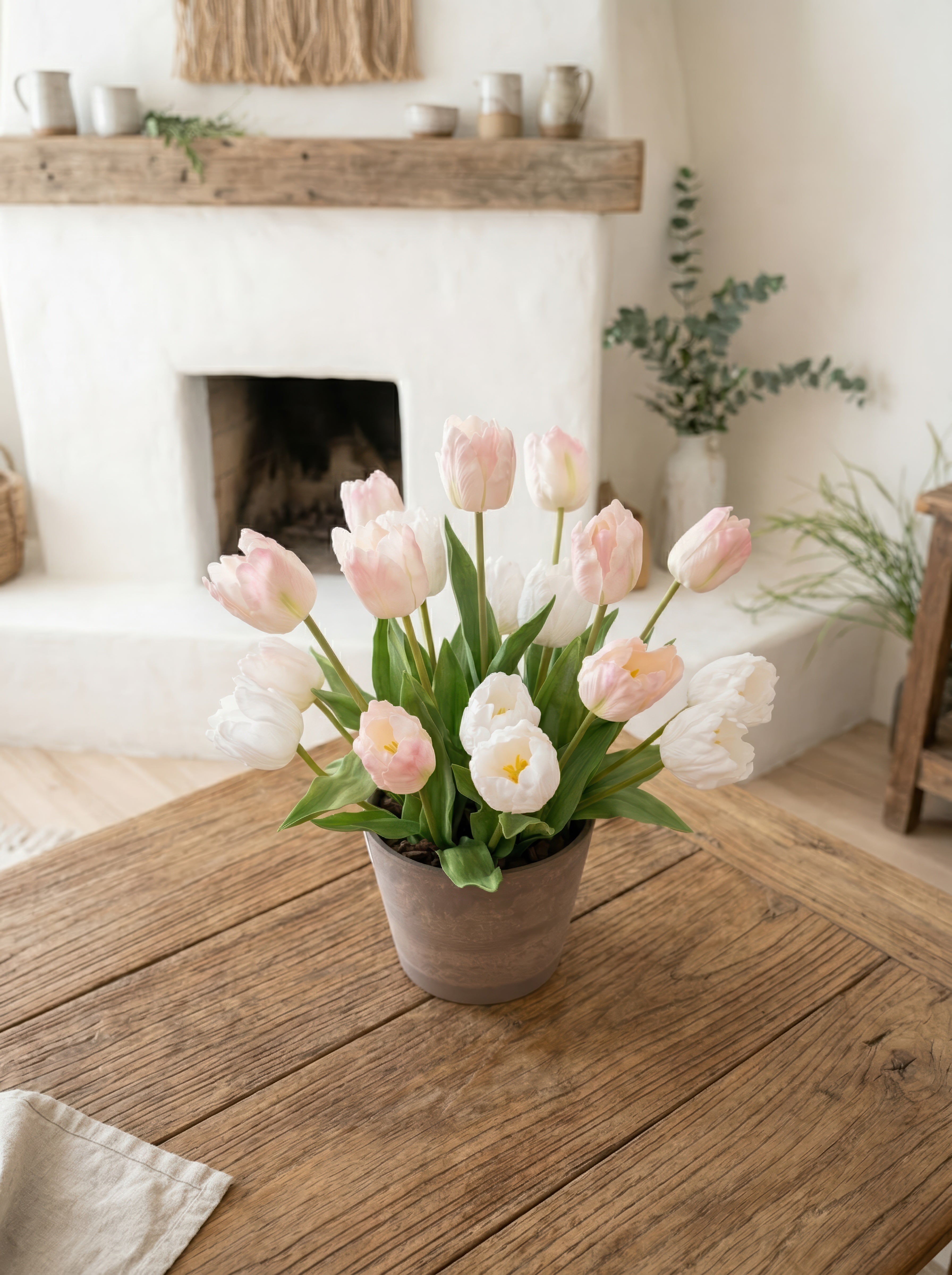 21.6" Artificial Blush Mixed Tulips - Potted Floral for Modern Home &amp; Garden Decor