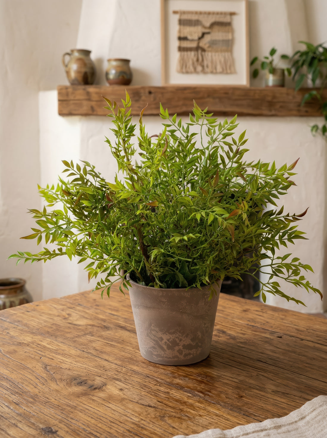 21.6" Artificial Red-Tipped Nandina - Potted Greenery for Rustic Home Decor