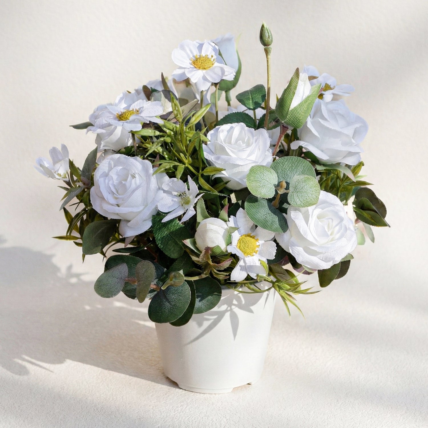 Artificial Spray Rose and Daisy Plant in Plastic Pot