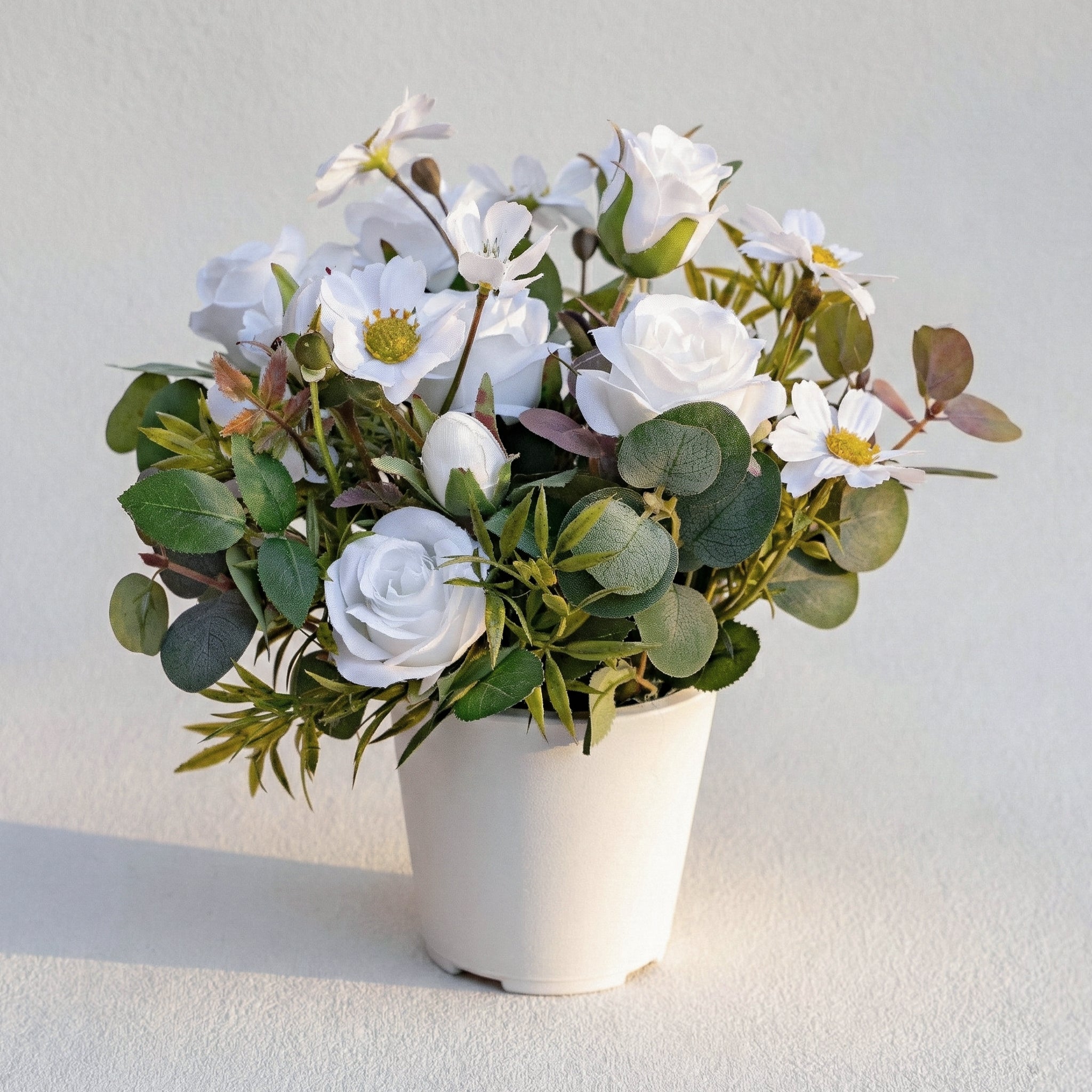 Artificial Spray Rose and Daisy Plant in Plastic Pot