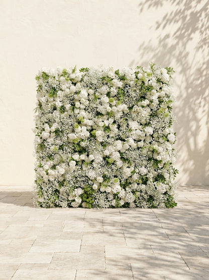Zarensira:5D Luxury Ivory White Silk Rose, Baby Breath &amp; Lush Greenery Flower Wall Roll-Up Fabric Backdrop for Romantic Minimalist Weddings, Bridal Showers &amp; Proposal Event Decor