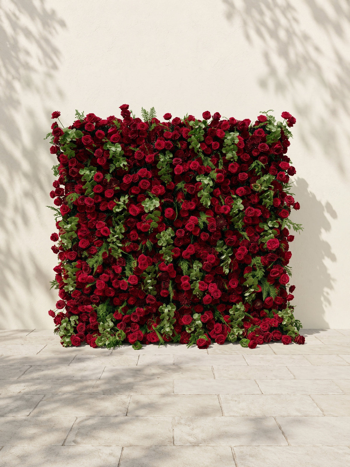 Velrella:Luxury 5D Red Roses Silk Floral Wall with Greenery Roll-Up Backdrop for Romantic Weddings