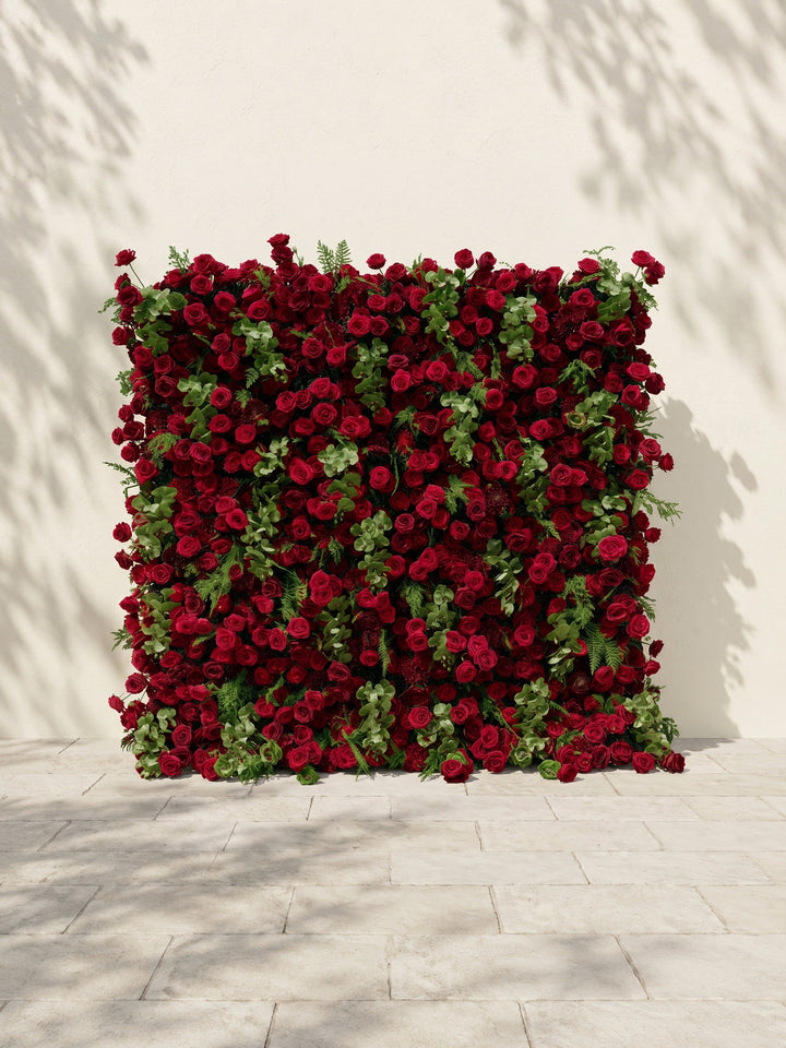 Velrella:Luxury 5D Red Roses Silk Floral Wall with Greenery Roll-Up Backdrop for Romantic Weddings