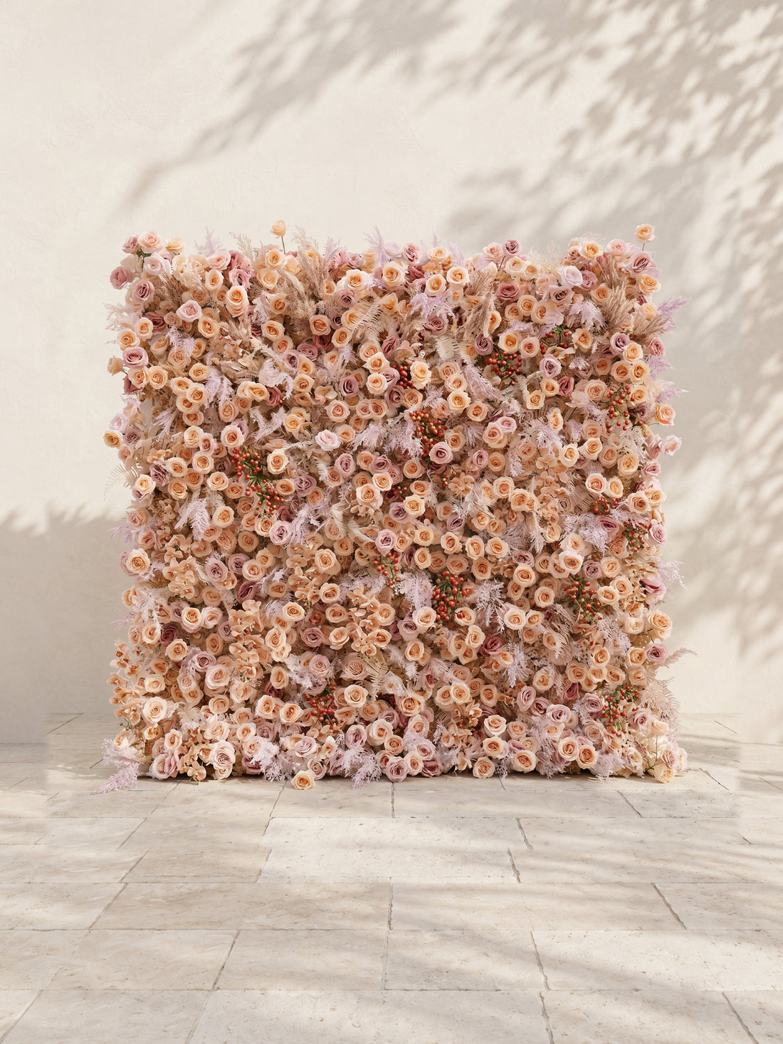 Valsira: Luxury 5D Champagne &amp; Peach Silk Rose Flower Wall with Autumn Berries for Romantic Manor Weddings