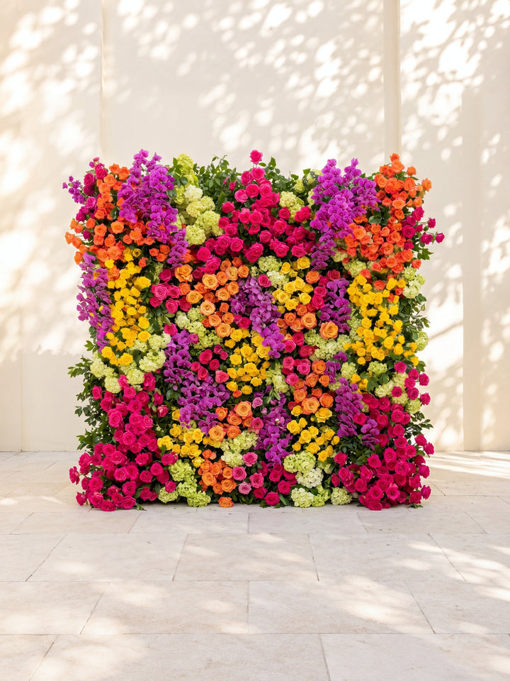 Valnella:5D Rainbow Tropical Mixed Bright Tone Silk Rose Flower Wall Roll-Up Fabric Backdrop for Romantic Weddings & Proposals