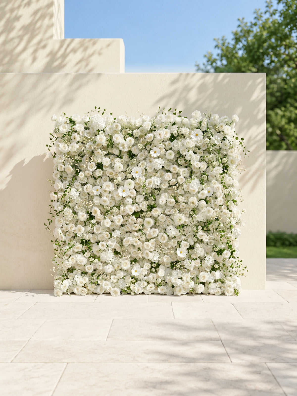 Rosiva:Luxury 5D All-White Floral Wall with Greenery Roll-Up Backdrop for Rustic Garden Weddings