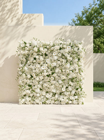 Rosiva:Luxury 5D All-White Floral Wall with Greenery Roll-Up Backdrop for Rustic Garden Weddings