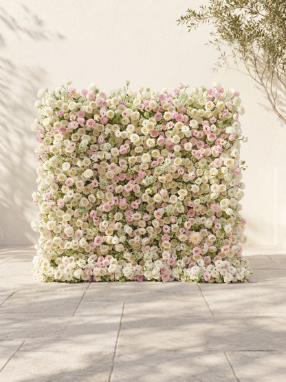 Pearlnora: Luxury 5D Pearl White &amp; Blush Pink Silk Floral Wall Roll-Up Backdrop for Elegant Minimalist Weddings
