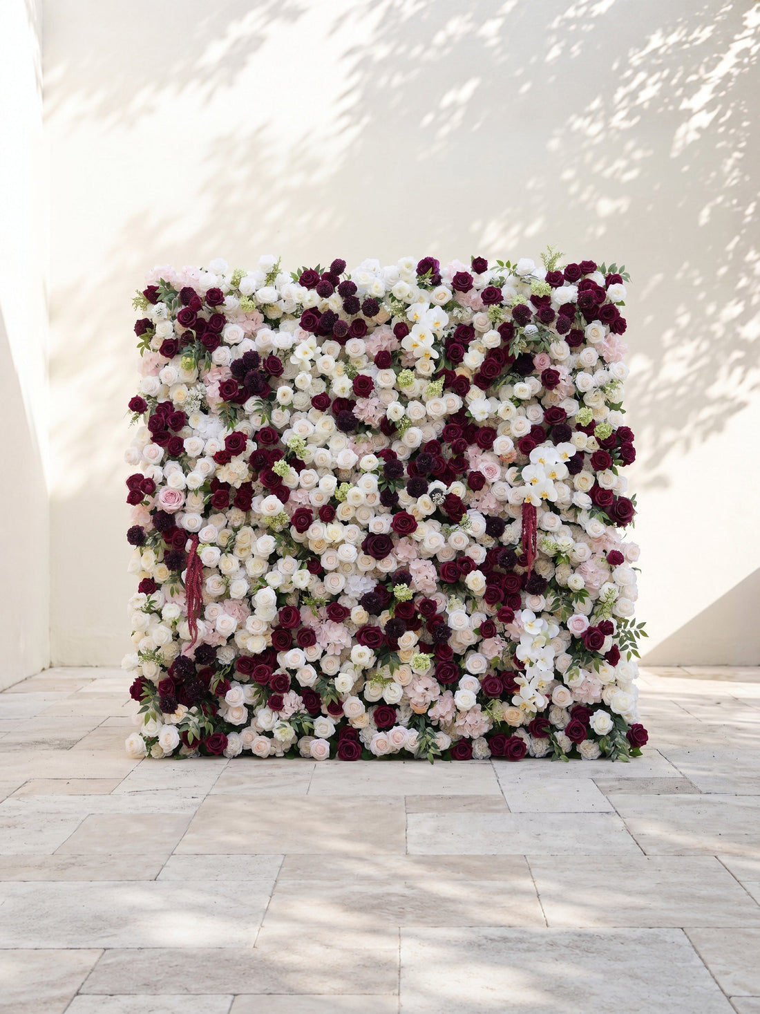 Mirenorae: Luxury 5D Burgundy Red &amp; Ivory White Silk Floral Wall Roll-Up Fabric Backdrop for Grand Weddings