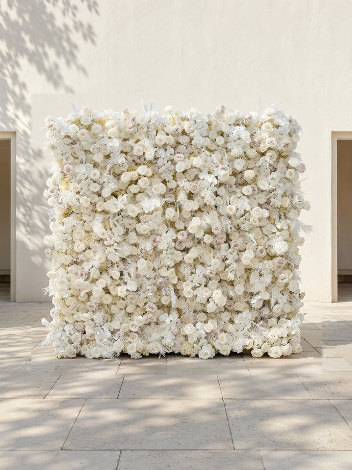 Junbelle:Elegant 5D White Floral Wall with Pampas Grass Accents Roll-Up Backdrop for Whimsical Bridal Showers